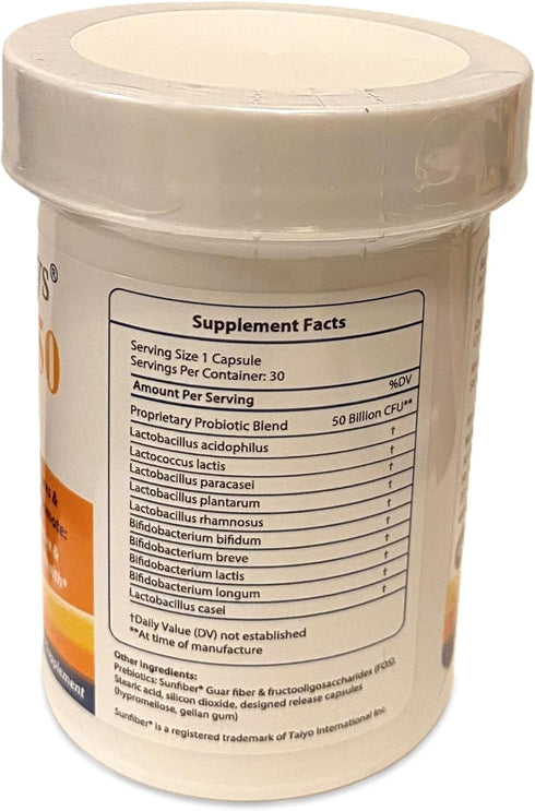 50 High Potency Adult Probiotic - 50 Billion CFU, Prebiotics, Dairy Free, Gluten Free, Non-GMO, Sugar-Free