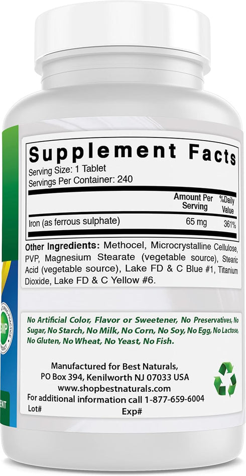 Best Naturals Iron Supplement - 65 mg - 240 Tablets, Non-GMO & Gluten Free