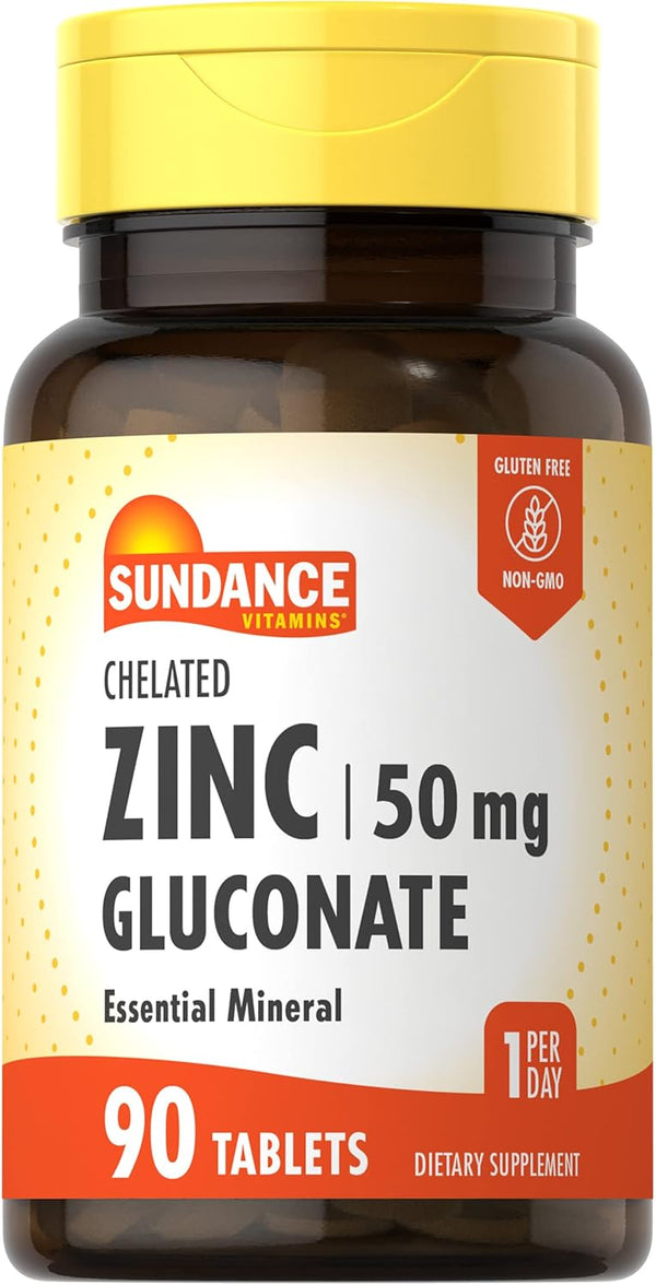 Zinc Gluconate 50mg | 90 Tablets | Vegetarian, Non-GMO, Gluten Free Chelated Essential Mineral by Sundance