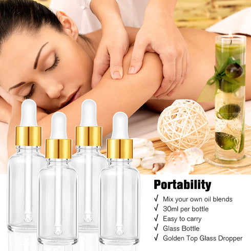 PrettyCare 4 Pack 1oz Dropper Bottles for Essential Oils - Clear Glass, Leak Proof Tincture Bottles