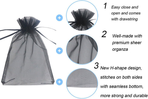 Wudygirl 100pcs Black Transparent Drawstring Organza Bags 5 x 7 Inch for Jewelry, Lipstick, Favors