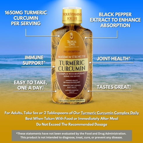 Tropical Oasis Liquid Turmeric Curcumin w/Bioperine, 1650mg Maximum Strength Supplement with Black Pepper & Vitamin C,