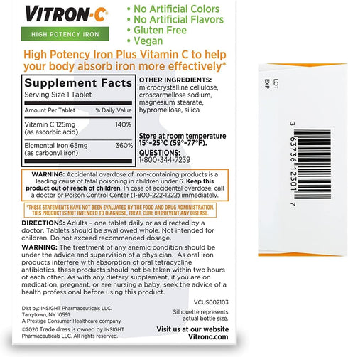 Vitron - C High Potency Iron Supplement Tablets, 60 Tablets