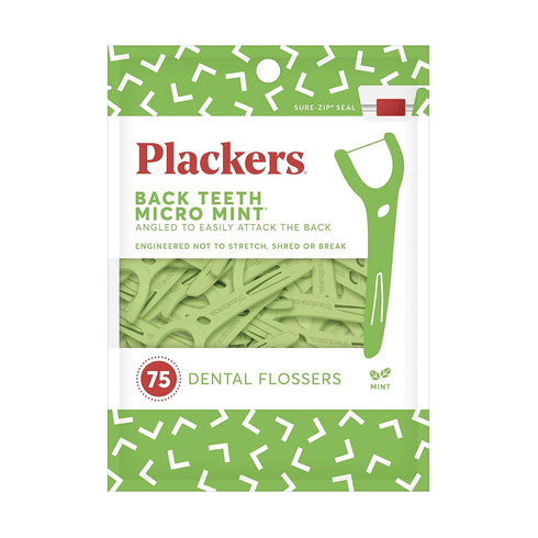 Plackers Back Teeth Micro Mint Dental Flossers, Delicious Mint Flavor, 75 Count - Provides Easy Access for Back Teeth,