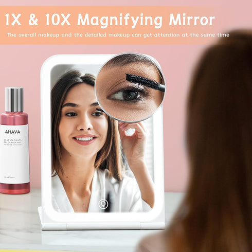 Lighted Travel Makeup Mirror, Portable 10X Magnification with 72 LED Lights, Rechargeable Cosmetic Mirror