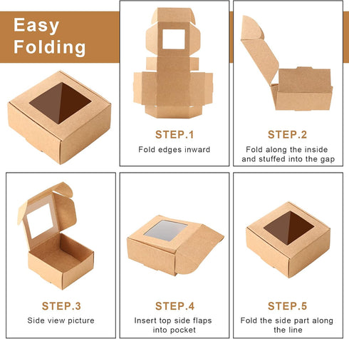 Zonon 30 Pcs Mini Kraft Soap Boxes with Window for Homemade Packaging, Brown Treat Boxes (2.56 x 2.56 x 1.18 Inch)