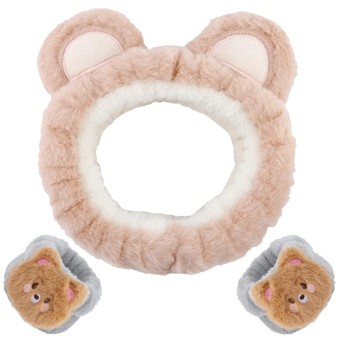 WHAVEL Hairband 3Pcs, Spa Headband and Wristband Set with Cute Bear Ears for Women and Girls (Coffee 01)