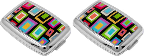 Set 2 of Dual-Compartment Rectangular Pocket Purse Pill Box & Organizer with Insert (Retro Squares)