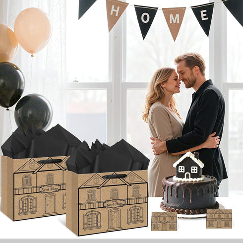Set Housewarming Gift Bag House Shaped Home Sweet Home Gift Wrap Bag with Tissue Paper Greeting Card Decorations