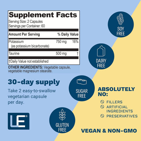 Life Enhancement Potassium Supplement - 750 mg Potassium / 500 mg Taurine Per Serving - 120 Capsules