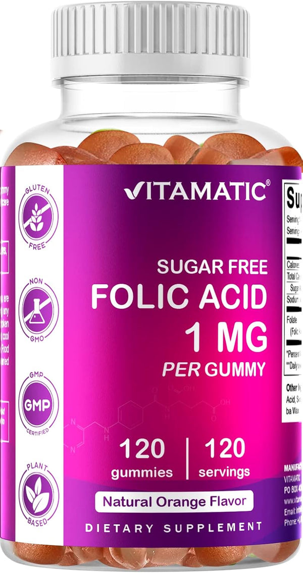 Vitamatic Folic Acid Gummies 1000 mcg - 120 Vegan Gummies - Essential Prenatal Vitamins for Mom & Baby