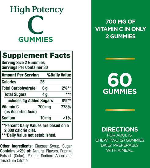 Nature's Bounty High Potency Vitamin C Gummies, Immune Support Supplement, 700mg, Orange Flavor, 60 Count