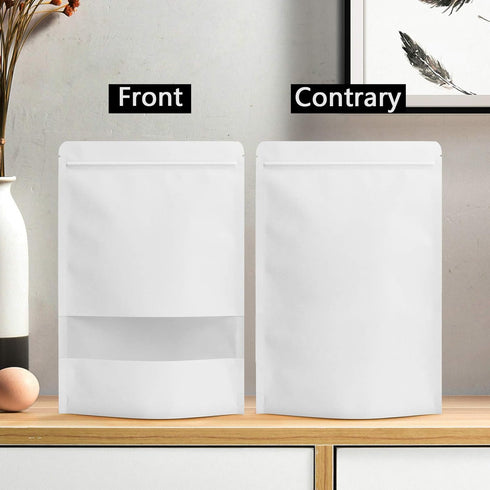 FireKylin 100 Pcs Resealable bags,4.7" x 7.9" Stand Up White Kraft Paper Bags with Matte Window, Zip Lock Food Storage Bags for Packaging Products, Reusable, Sealable