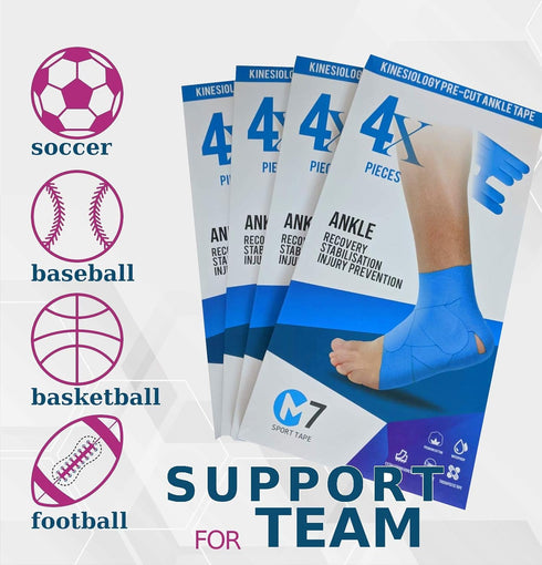 M7 Sport Kinesiology Ankle Tape, 4-Pack, Blue - Pain Relief Therapeutic Tape for Ankle Sprain, Injury Recovery, Plantar