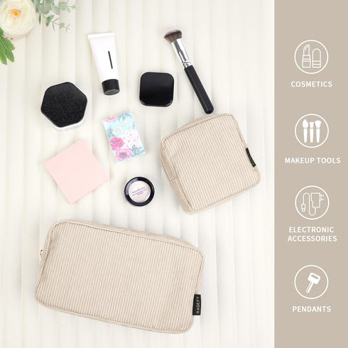 MAGEFY Makeup Bag for Purse, 2 Pcs Corduroy Cosmetic Bag for Girls Women, Small Travel Pouch with Zipper (Beige)