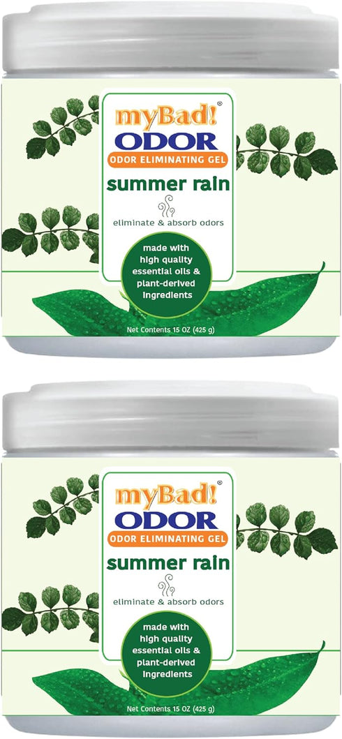 Odor Eliminator Essential Oil Gel 15 oz - Air Freshener for Bathroom, Pet Area, Closets, RVs, 2 Pack (Summer Rain)