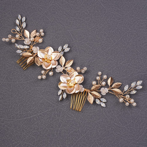 Wedding Gold Rhinestones Hair Comb Dainty Flower Leaf Crystal Pearls Hair Comb Bridal Headband Hair Accessories Crystals Bridal Side Hair Comb Hair Pieces for Women Bride Girls (Gold)