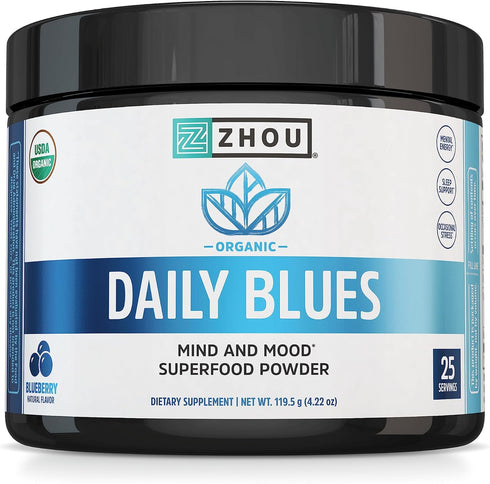 Zhou Nutrition Organic Blue Spirulina Powder with KSM-66 Ashwagandha and Blueberry, 25 Servings Superfood