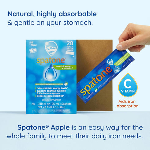 Spatone Natural Liquid Iron Supplement Plus Vit C for Women, Men & Kids Ages 4+, 28-Day, Apple Flavor
