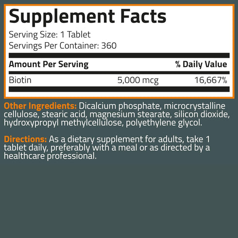 Bronson Biotin 5,000 MCG, Supports Healthy Hair, Skin & Nails, High Potency Beauty Support, 360 Vegetarian Tablets