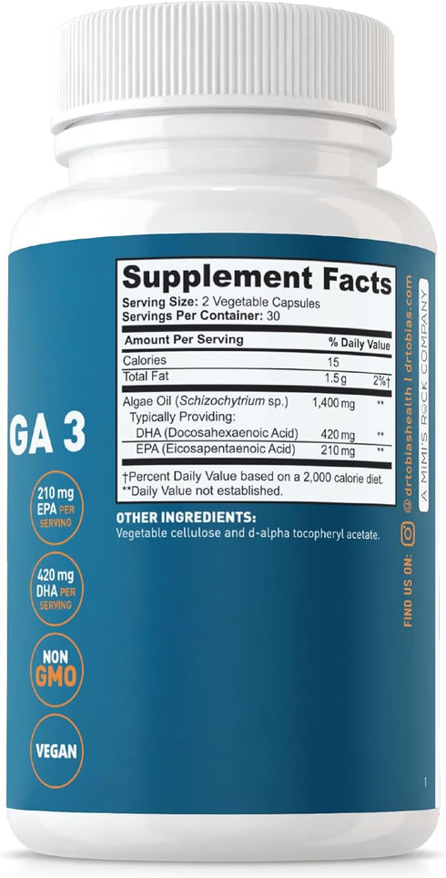 Dr. Tobias Vegan Omega 3 Algae Oil - 60 Capsules, 1400mg Vegan Omega 3 Supplement with Extra-Strength DHA & EPA