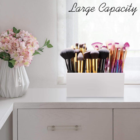 Makeup Brush Holder Organizer - 3 Slots Cosmetic Brushes Storage Container for Vanity (White)