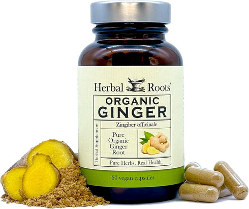 Herbal Roots Ginger Supplement | Organic Ginger Root Capsules | 1,200 mg Pure Ginger Powder per Serving, 60 Vegan