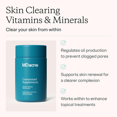MDacne Vitamins and Minerals Skin Clearing Supplements, 30 Vegan Capsules for Clear Skin, Redness & Pore-Clogging