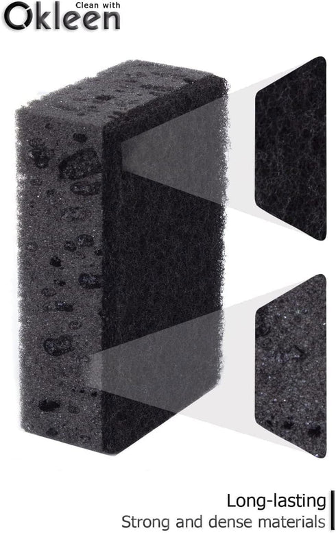 Okleen 9 Pack, 4.3x2.8x1.4 inches. Pack Black Scrub Sponges. Made in Europe. Heavy Duty and Non Scratch Fiber. Kitchen