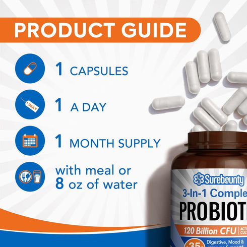 Probiotics 120 Billion CFU - Digestive Support for Men & Women, Prebiotics + Digestive Enzymes, 30 Caps