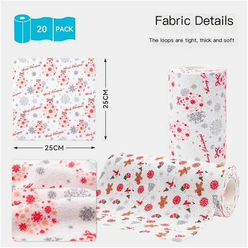 kinganrun 20 25x25cm Christmas Print Tear-Off Dish Cloths Thick Microfiber Sheets Roll