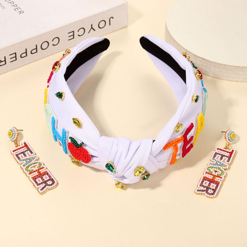 Teacher Headbands for Women, Beaded Pencil Knotted Headband, Crystal Rhinestone Hair Accessories
