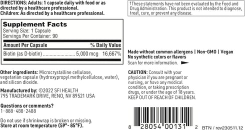 Klaire Labs Biotin 5000mcg, High Potency Supplement, 90 Caps
