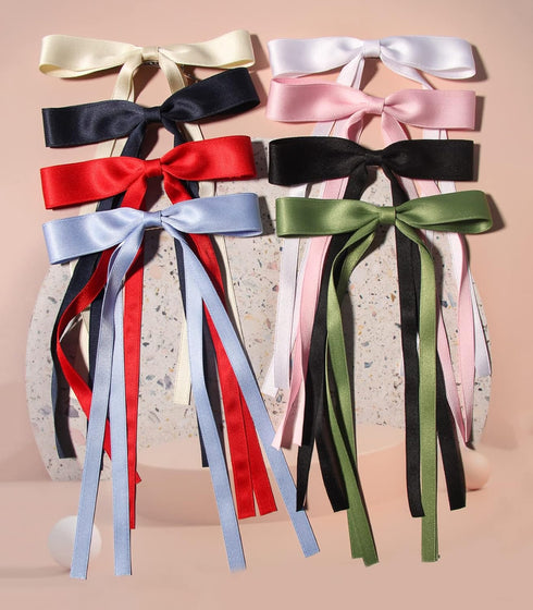 LFOUVRE 8pcs Long Tail Bow Hair Clips for Women, Ribbon Bowknot Barrettes with Tassel Claw