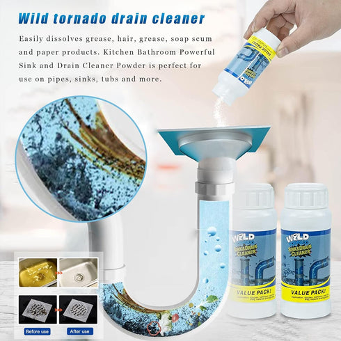 Wild Tornado Powerful Pipe Dredge, Fast Foaming Drain Cleaner Powder for Kitchen and Pipes Cleaning Tool.