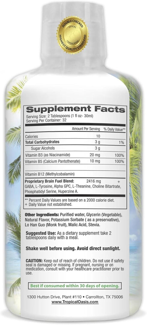 Tropical Oasis - Brain Power Liquid Nootropic Supplement for Mental Clarity, Focus, and Memory Retention (Unflavored,