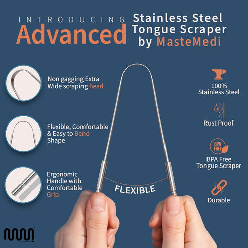 MasterMedi Tongue Scraper for Adults, 100% Stainless Steel, Set of 3 with Travel Case for Bad Breath & Oral Care