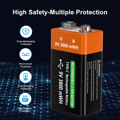 TAYUZH 6Pack 9V 3800mWh 9 Rechargeable Battery V High Capacity Lithium Batteries for Smoke Detectors, Microphone