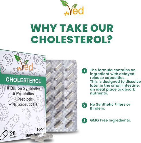 Ved Cholesterol Complex Probiotics and Prebiotics - 10 Billion CFU, 28 Capsules for Children with Lactobacillus