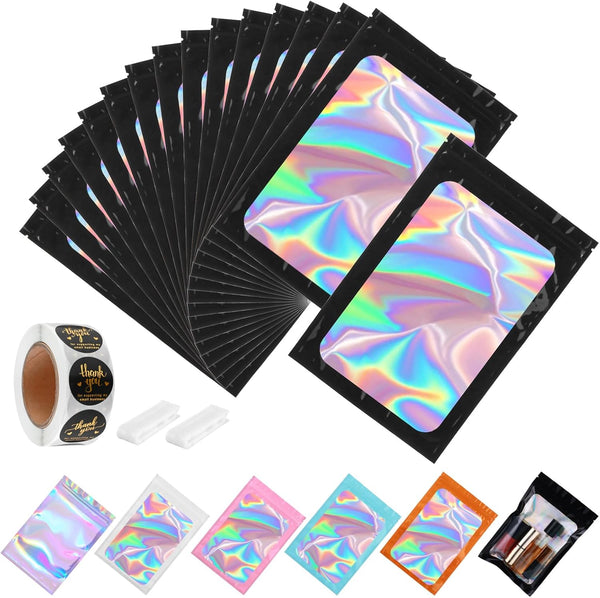 150-pack Holographic Mylar Bags 5 x 8 in, Resealable Foil Pouches with Clear Window for Food Storage