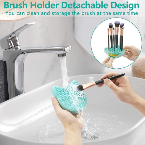 TailaiMei 2 in 1 Makeup Brush Cleaning Mat with Drying Holder, Portable Silicon Cat Shaped Cleaner Pad, Cosmetic