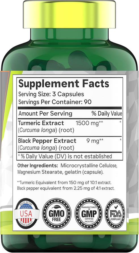 Turmeric Curcumin Capsules with Black Pepper | 1500 MG - 270 Capsules | Non-GMO | 3 Month Supply