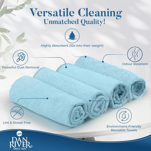 DAN RIVER Microfiber Cleaning Cloth, 24 Pack Economy Bundle, Soft Absorbent Rags for Cars, Glasses, Kitchen, Blue