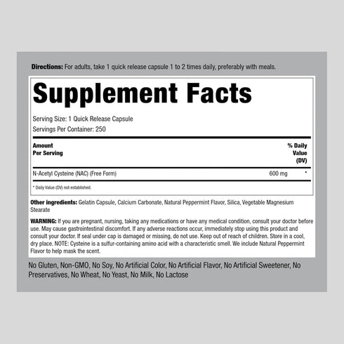 Piping Rock NAC Supplement | N-Acetyl Cysteine | 600mg | 250 Capsules | Free Form | Non-GMO, Gluten Free Supplement