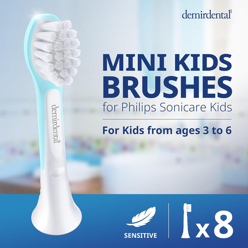 Kids mini toothbrush heads compatible with Philips Sonicare Kids toothbrush heads - replacement heads mini sensitive - brush heads mini from ages 3 to 6 - Turquoise - HX6038-8 Pack