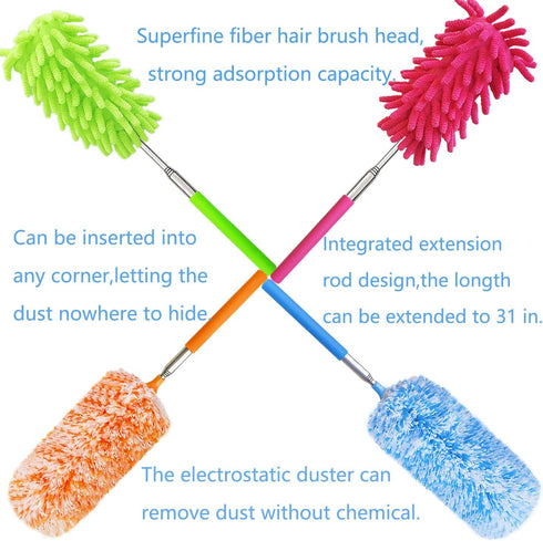 4 Pack House Cleaning Feather Duster Kit, Extendable Pole 13" to 30", Washable Microfiber Duster for Home and Office