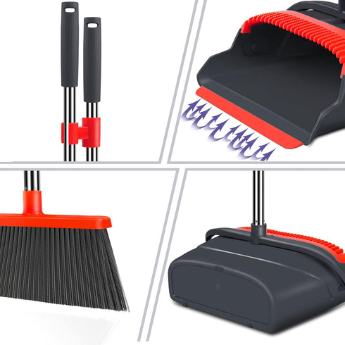 kelamayi Broom and Dustpan Set - Stand Up Combo for Home, Office, Indoor & Outdoor Sweeping (Black & Red)