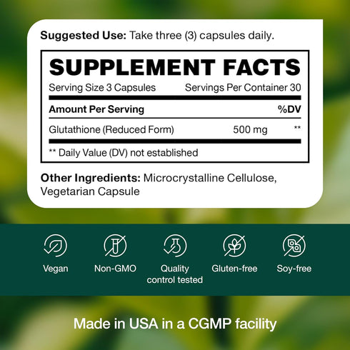 Glutathione Supplement Capsule - Strongest DNA Verified Reduced Glutathione, Vegan Friendly, Non-GMO, Gluten & Soy Free
