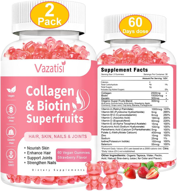 2 Pack Collagen Gummies with Biotin & Keratin - 60 Natural Strawberry Flavored Gummies Supplement