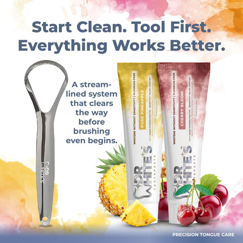 Set 420 Dr. Whites Precision Tongue Care Morning Routine Single Grip | Stainless Steel Tongue Cleaner + Pure Pineapple